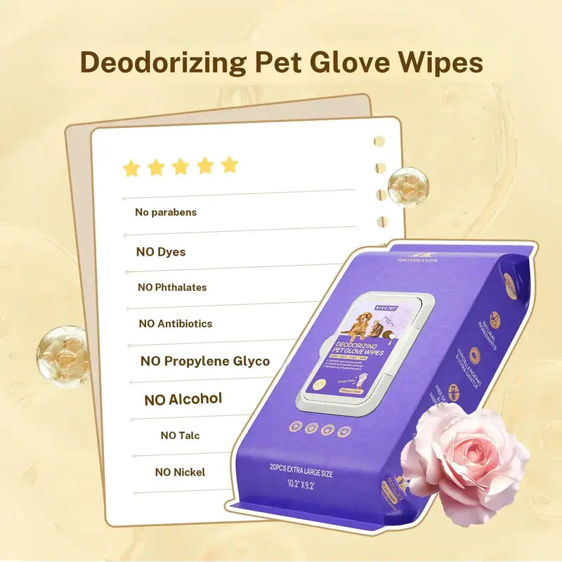 No-Rinse Deodorizing Pet Grooming Glove Wipes
