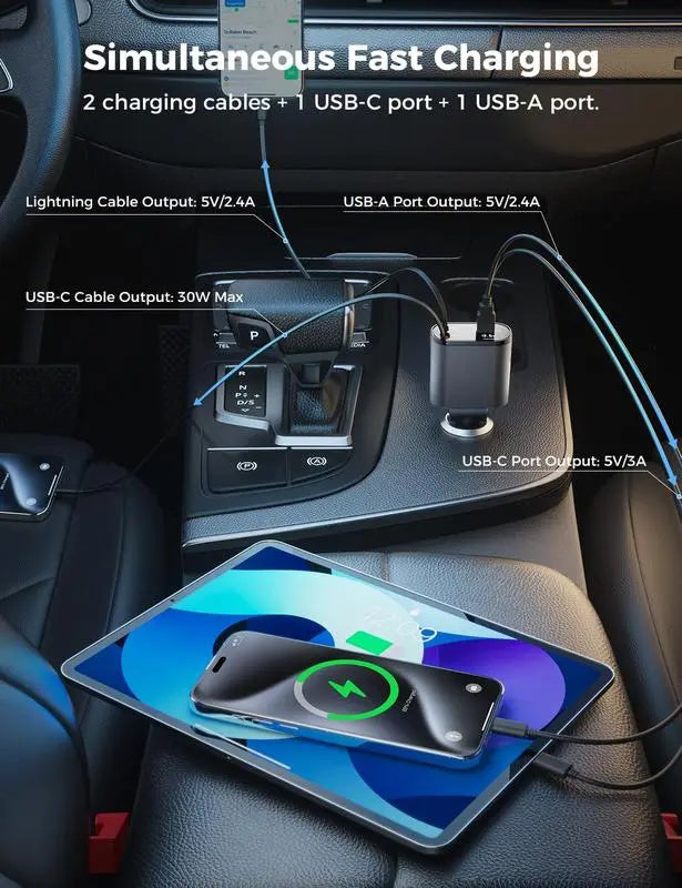 100W 4-in-1 Retractable Fast Car Charger Adapter with Voltage Display