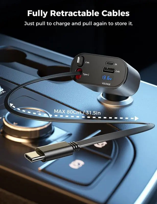 100W 4-in-1 Retractable Fast Car Charger Adapter with Voltage Display