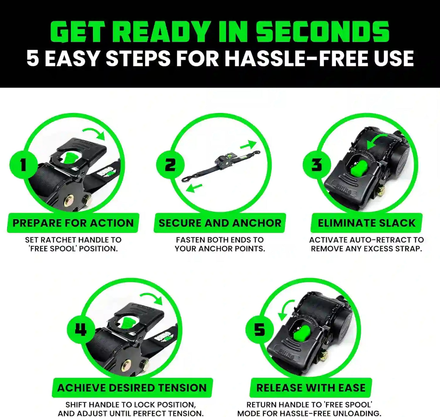 Retractable Ratchet Straps – Instant Auto-Retraction For Mess-Free Cargo Heavy Hauling