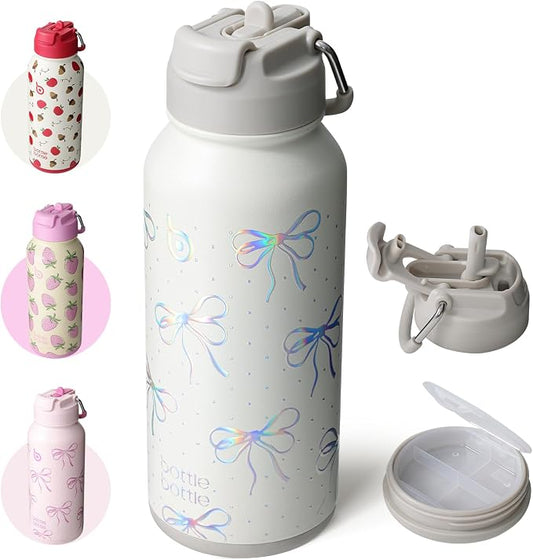 32oz Insulated Sports Water Bottle with Straw Lid & Built-in Pill Organizer
