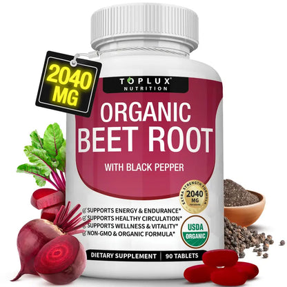 2040mg Extra Strength Organic Beet Root + Black Pepper for Peak Energy, Blood Flow & Endurance