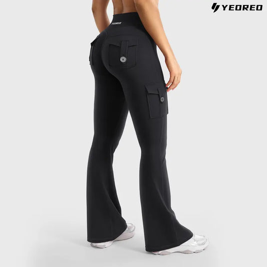 High-Waisted Flare Cargo Leggings with Hidden Scrunch & Pocket Utility