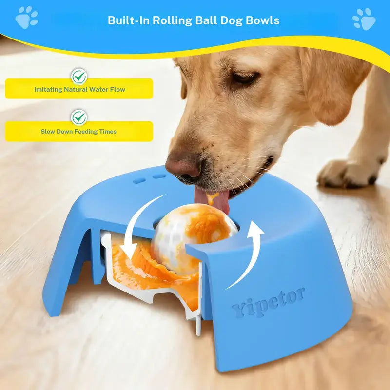 No-Spill Rolling Ball Slow Feeder Dog Bowl for Liquid Treats & Anxiety Relief