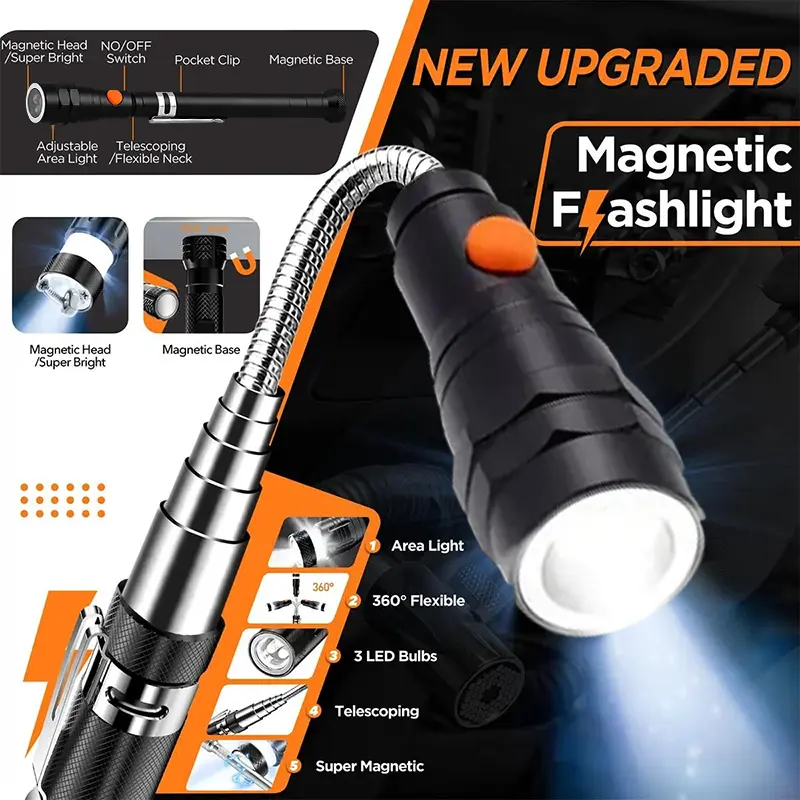 Telescopic Magnetic LED Pickup Flashlight with 360° Flexible Head