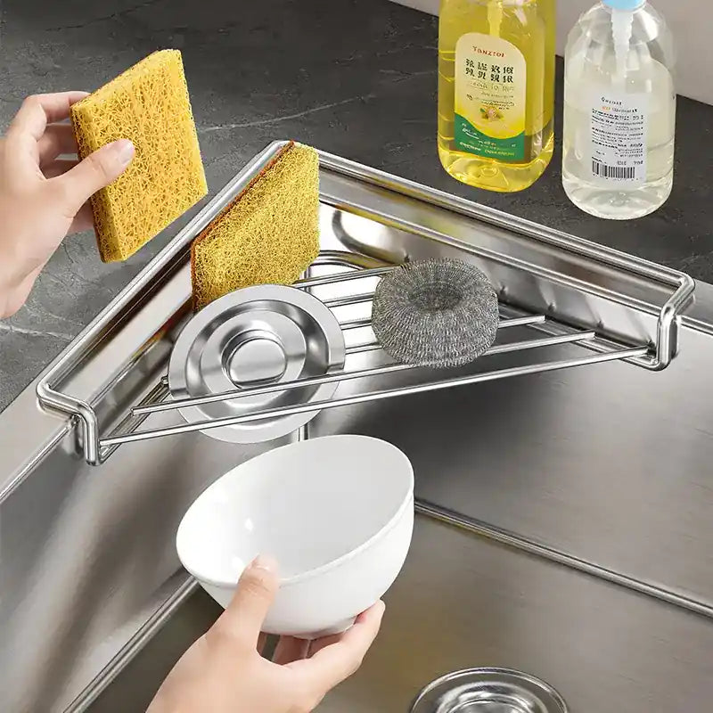 Triangular Stainless Steel Corner Sink Drying Rack & Sponge Holder