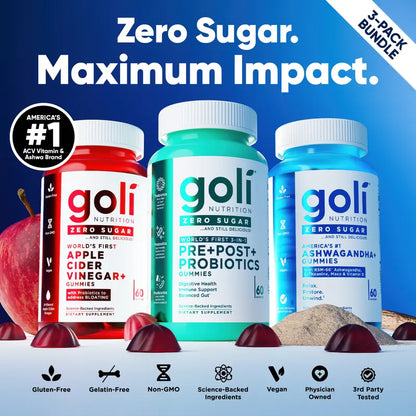 Sugar-Free Daily Wellness Trio: Pre & Probiotics, ACV, & Ashwagandha Gummies