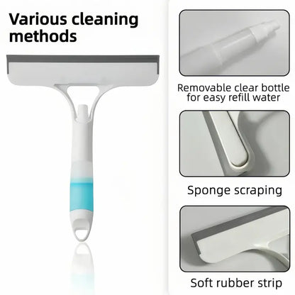 3-in-1 Window Cleaner Squeegee with Built-in Spray & Microfiber Scrubber