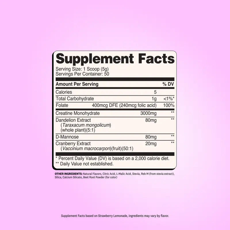Pure Creatine Monohydrate Powder with Dandelion & Cranberry – Strawberry Lemonade Flavor