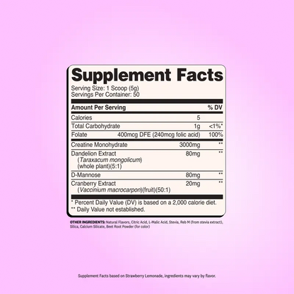 Pure Creatine Monohydrate Powder with Dandelion & Cranberry – Strawberry Lemonade Flavor