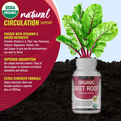 2040mg Extra Strength Organic Beet Root + Black Pepper for Peak Energy, Blood Flow & Endurance