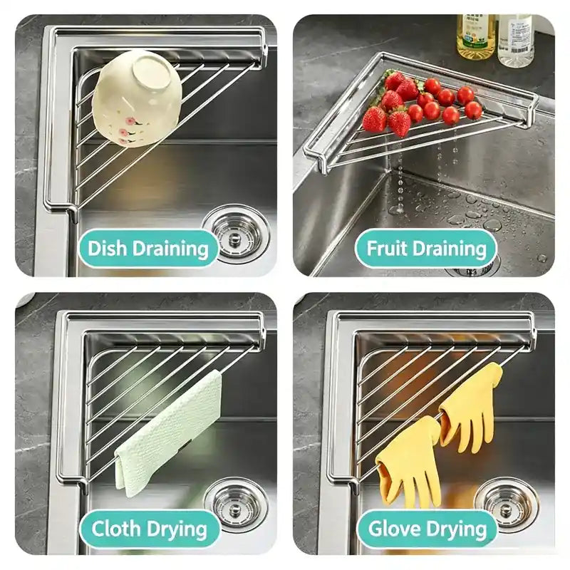 Triangular Stainless Steel Corner Sink Drying Rack & Sponge Holder