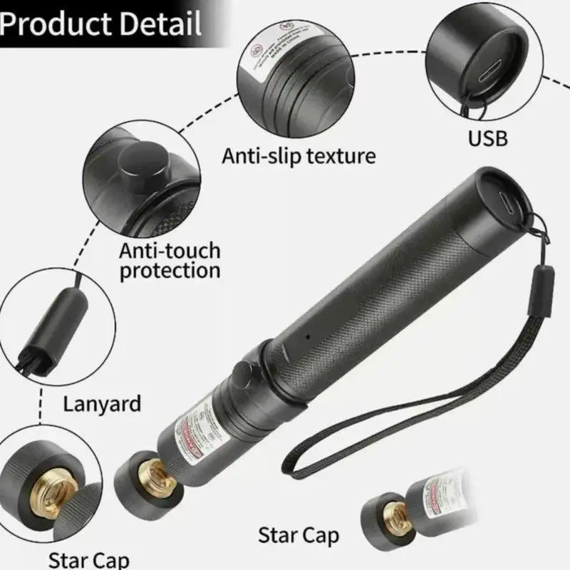 Ultra-Long-Range High-Power Green Laser Pointer with Starlight Caps