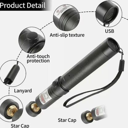 Ultra-Long-Range High-Power Green Laser Pointer with Starlight Caps
