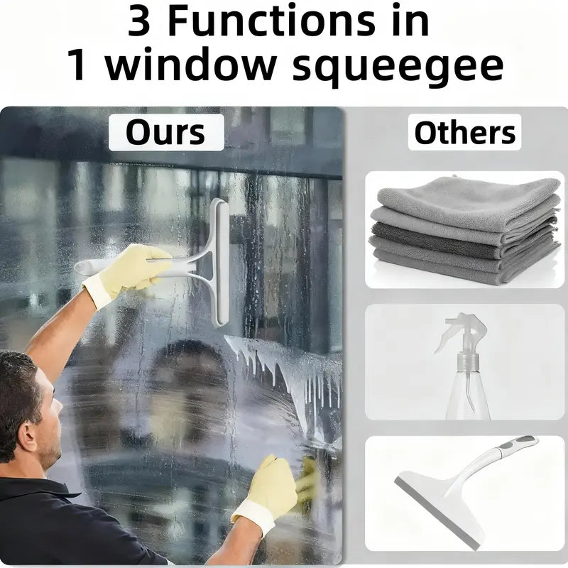 3-in-1 Window Cleaner Squeegee with Built-in Spray & Microfiber Scrubber