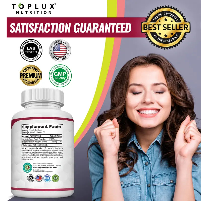2040mg Extra Strength Organic Beet Root + Black Pepper for Peak Energy, Blood Flow & Endurance