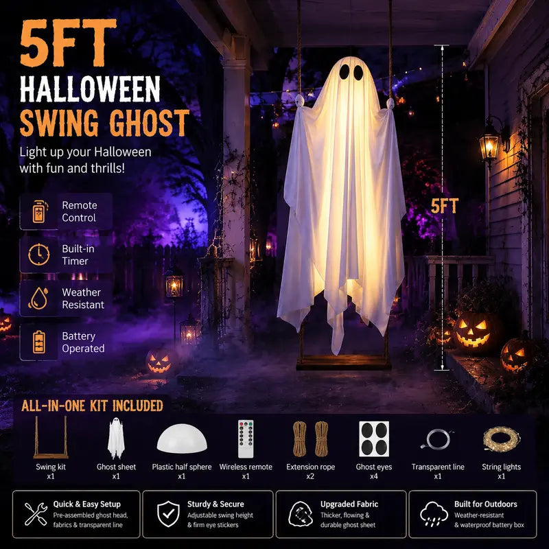5FT Light-Up Hanging Ghost Swing with Remote Control