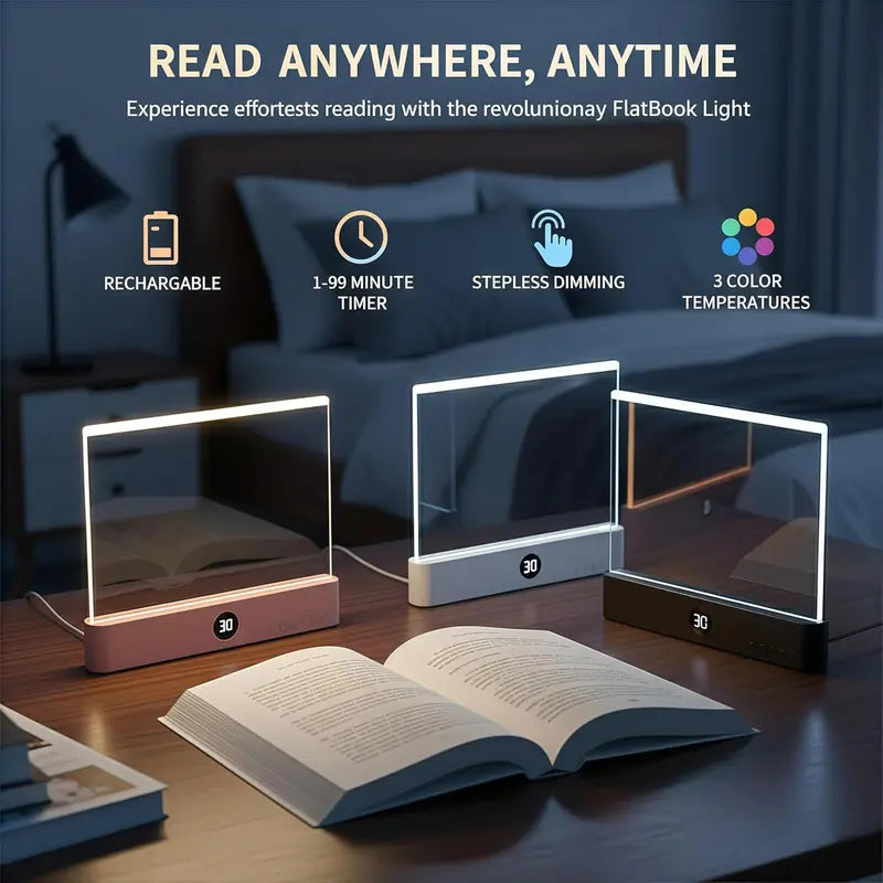 Flat LED Night Reading Light with Smart Timer & Dimmable Eye-Care Panel