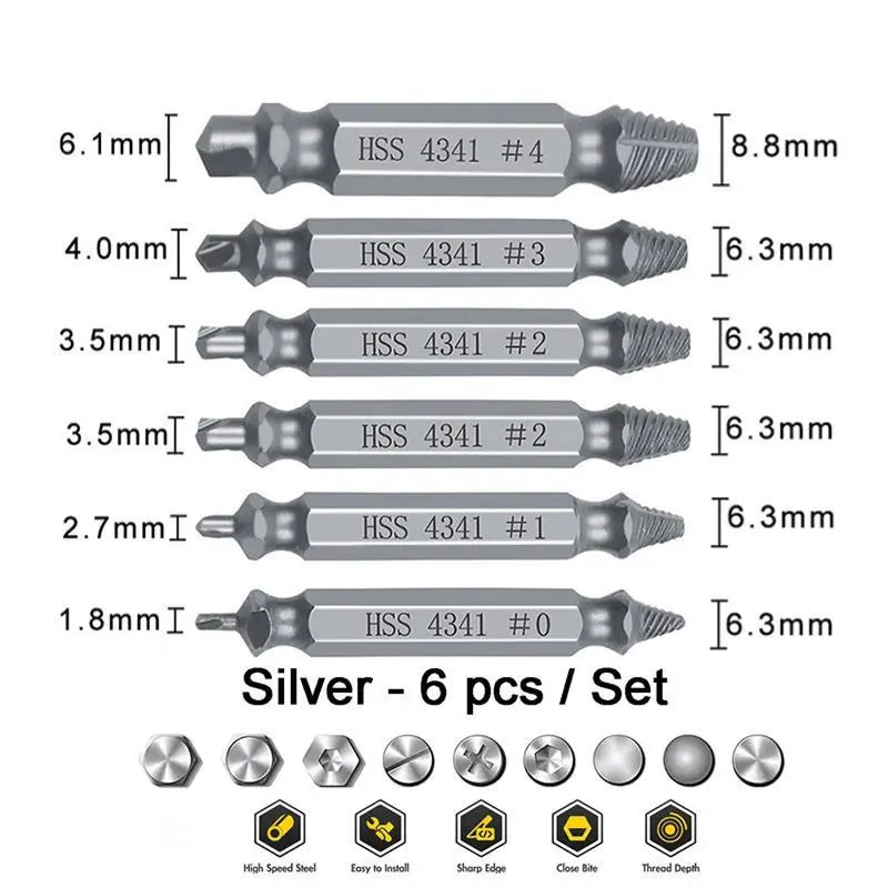 10-Sec Damaged Screw & Bolt Extractor Set – Double-Head HSS 4341 Stripped Fastener Removal Tool