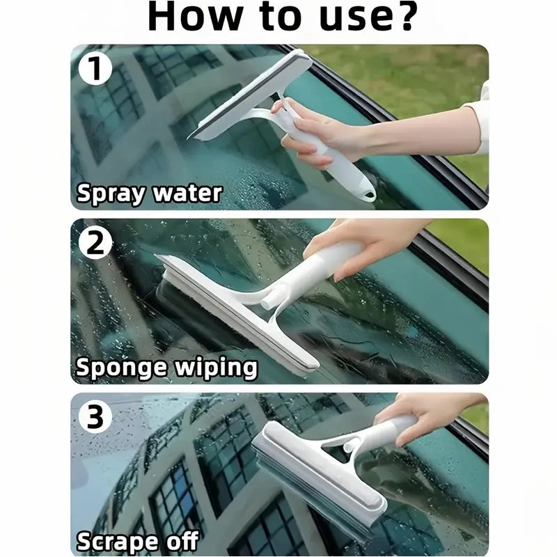 3-in-1 Window Cleaner Squeegee with Built-in Spray & Microfiber Scrubber