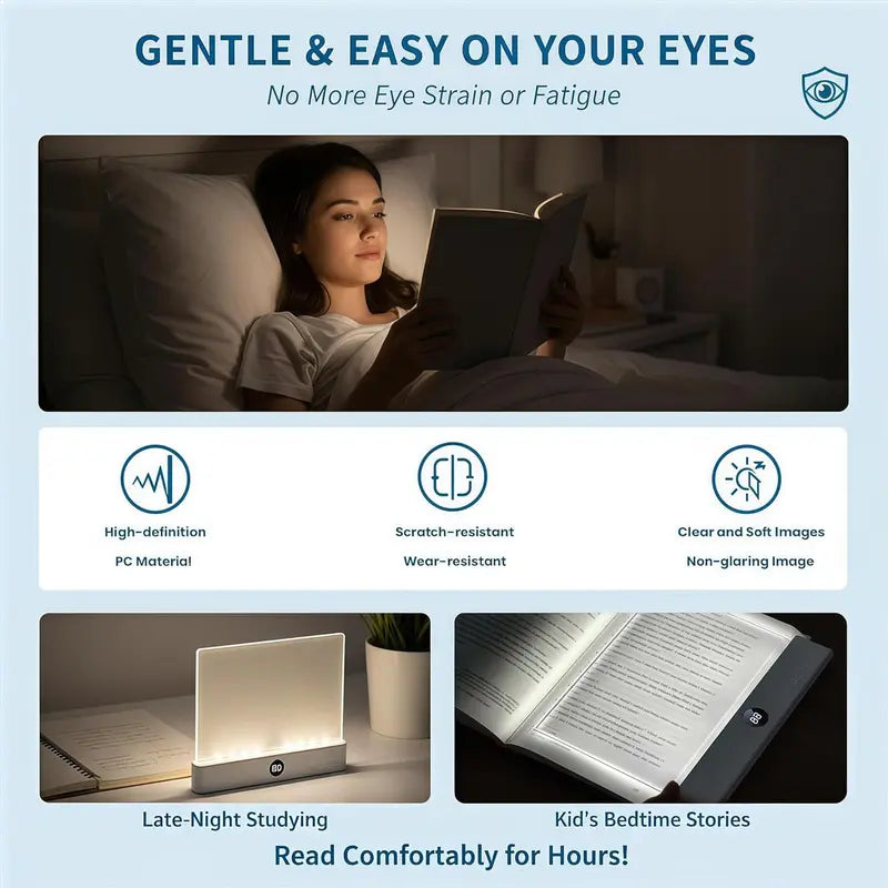 Flat LED Night Reading Light with Smart Timer & Dimmable Eye-Care Panel