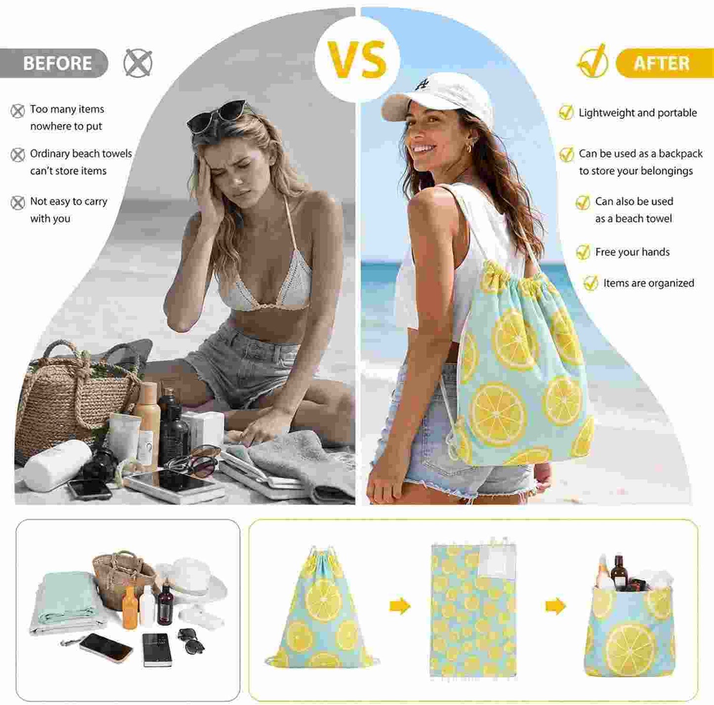 2-in-1 Fast-Dry Beach Towel Drawstring Backpack