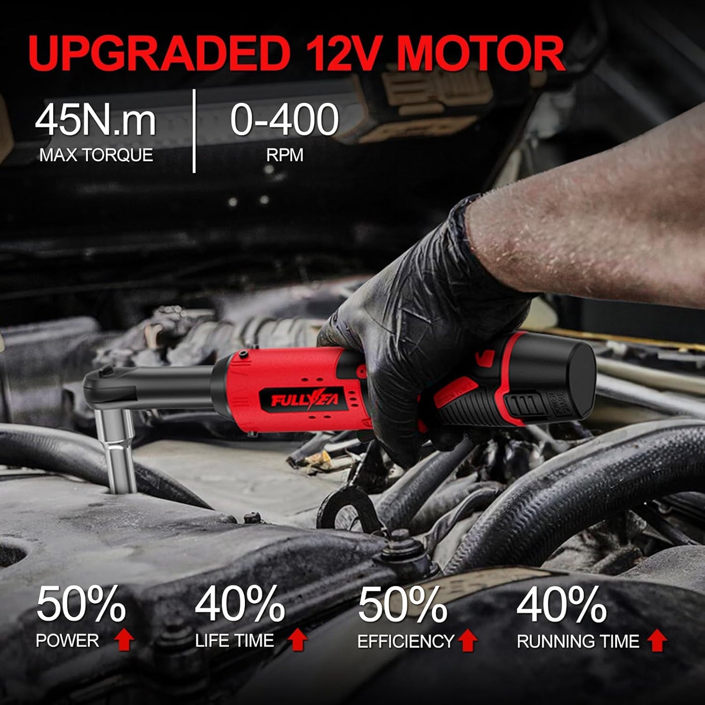 12V Cordless Electric Ratchet Wrench Set, 3/8-Inch 45N.m High Torque Right Angle Tool Kit with 2.0Ah Battery, Charger, Bag and 4 Sockets