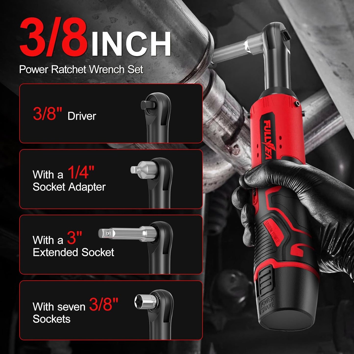 12V Cordless Electric Ratchet Wrench Set, 3/8-Inch 45N.m High Torque Right Angle Tool Kit with 2.0Ah Battery, Charger, Bag and 4 Sockets