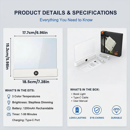Flat LED Night Reading Light with Smart Timer & Dimmable Eye-Care Panel