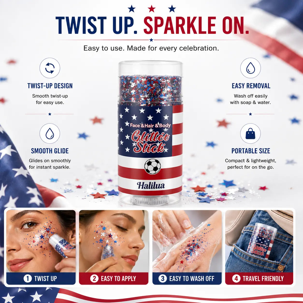 THE ULTIMATE RED, WHITE & BLUE FESTIVE GLITTER STICK. FOR INDEPENDENCE DAY PARTY, FESTIVAL & FUN HOLIDAY LOOK