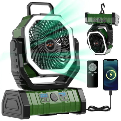 3-in-1 Rechargeable Camping Fan with LED Light & 270° Auto-Oscillating