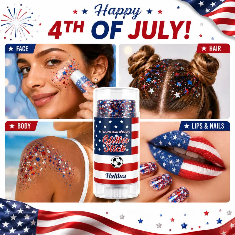 THE ULTIMATE RED, WHITE & BLUE FESTIVE GLITTER STICK. FOR INDEPENDENCE DAY PARTY, FESTIVAL & FUN HOLIDAY LOOK