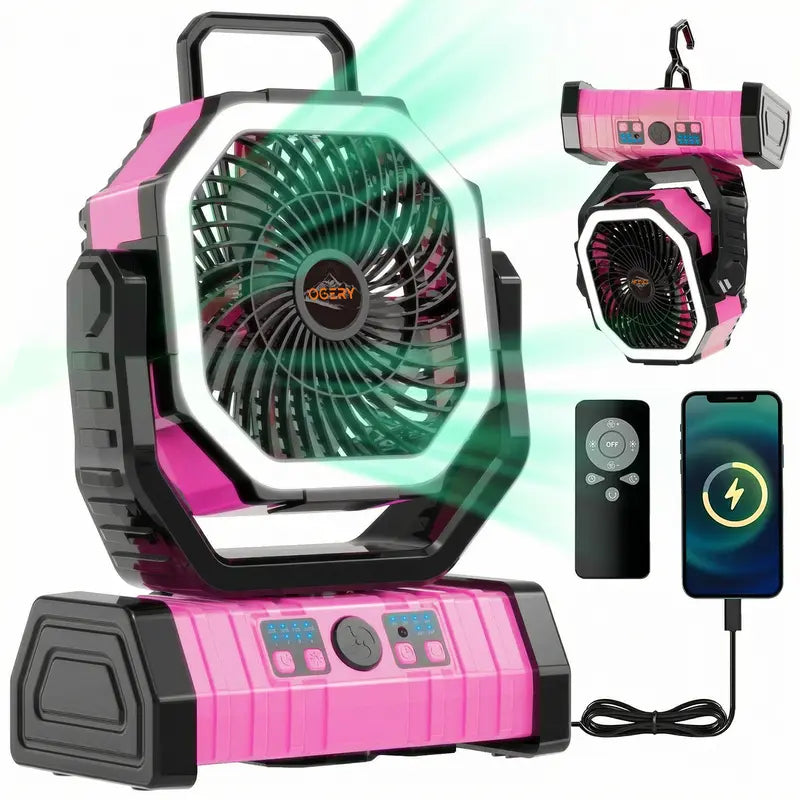 3-in-1 Rechargeable Camping Fan with LED Light & 270° Auto-Oscillating
