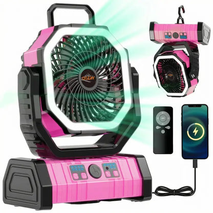 3-in-1 Rechargeable Camping Fan with LED Light & 270° Auto-Oscillating