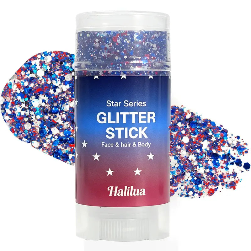 THE ULTIMATE RED, WHITE & BLUE FESTIVE GLITTER STICK. FOR INDEPENDENCE DAY PARTY, FESTIVAL & FUN HOLIDAY LOOK