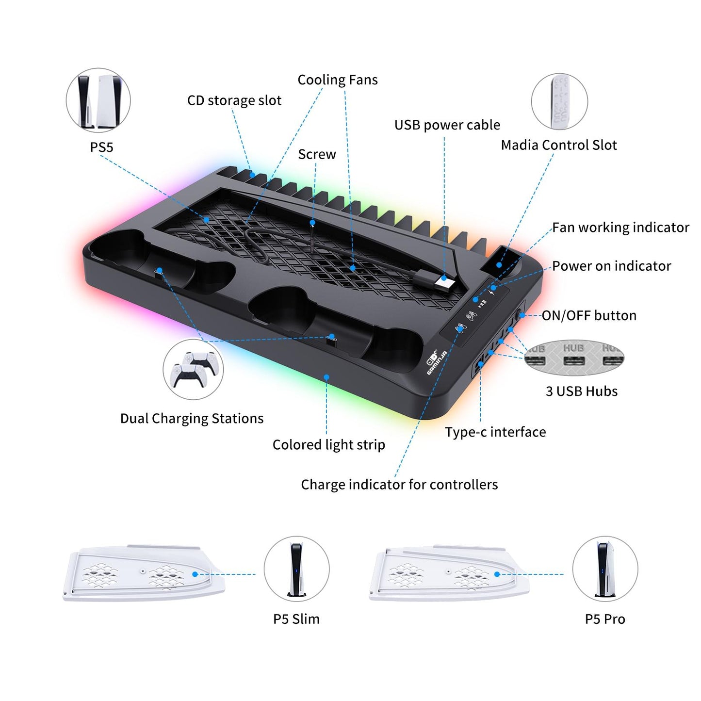 Universal Vertical Cooling Stand & Dual Fast Charging Station for P5, P5 Slim & P5 Pro