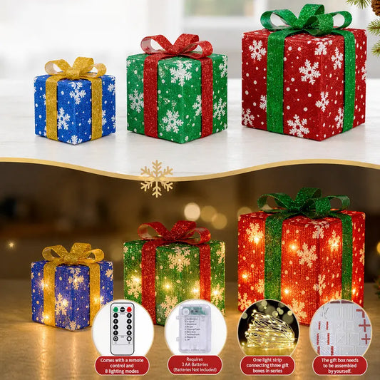3-Piece Lighted Christmas Gift Boxes with Ribbon Bows