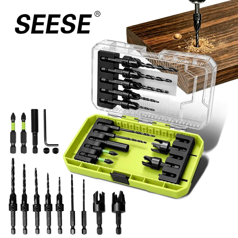 15 Pcs Adjustable Depth Stop Countersink Drill Bit Set with Hex Shank
