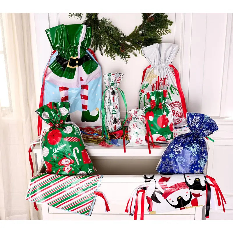 Festive Drawstring Christmas Gift Bags