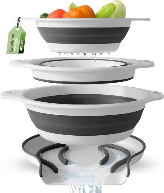 Collapsible Kitchen Colander Set with Self-Draining Base Tray