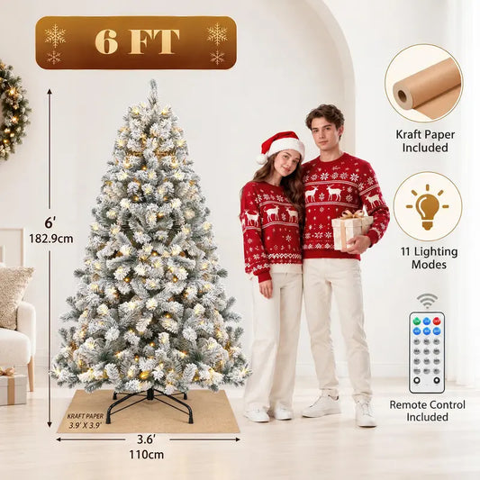 6FT Pre Lit Flocked Snow Christmas Tree With Remote
