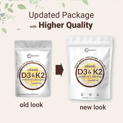 High Absorption Vitamin D3 & K2 Softgels with Coconut Oil