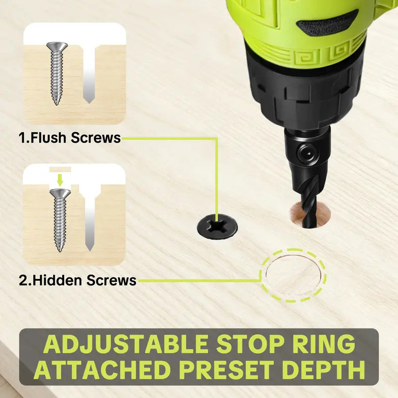 15 Pcs Adjustable Depth Stop Countersink Drill Bit Set with Hex Shank