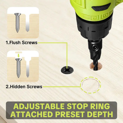 15 Pcs Adjustable Depth Stop Countersink Drill Bit Set with Hex Shank