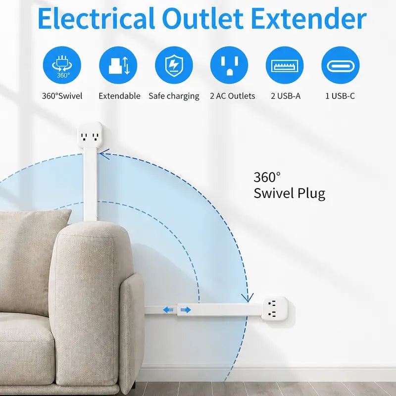 360° Rotating Telescopic Power Outlet Extender with USB Ports