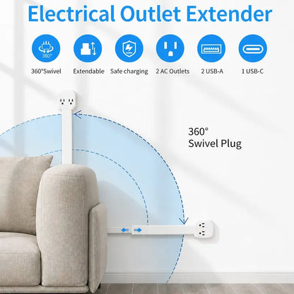 360° Rotating Telescopic Power Outlet Extender with USB Ports