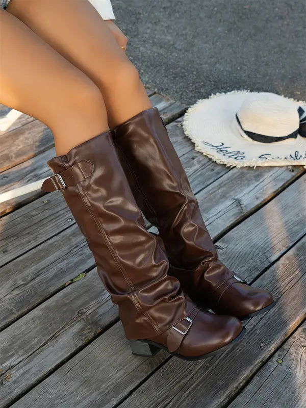 Vintage Slouchy PU Leather Low Heel Long Boots