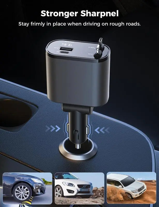 100W 4-in-1 Retractable Fast Car Charger Adapter with Voltage Display