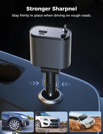 100W 4-in-1 Retractable Fast Car Charger Adapter with Voltage Display
