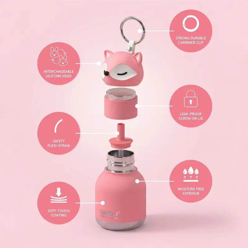Mini Animal Stainless Steel Water Bottle with Backpack Clip Ring